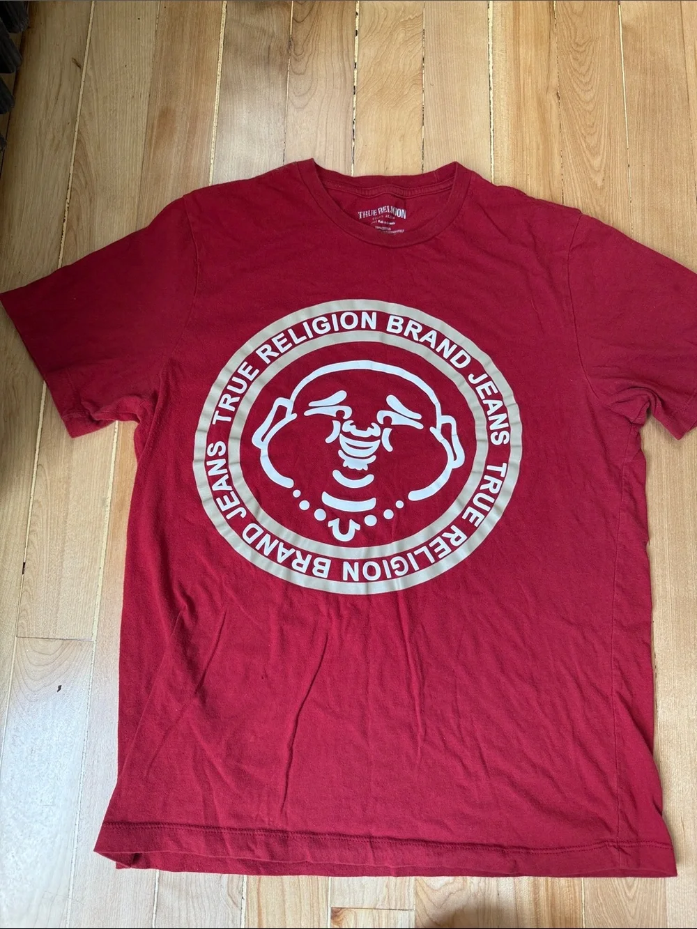 True Religion Red Short-Sleeve Tee with White Logo Emblem